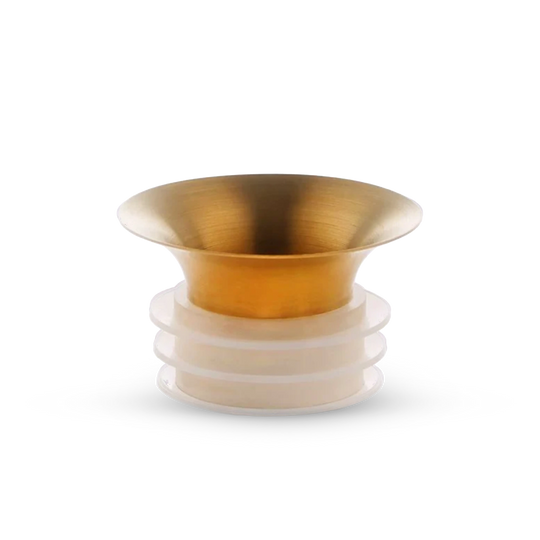The Mayu Water Swirl Golden Pouring Spout is a small, modern piece of drinkware with a gold metallic flared spout and a white cylindrical base featuring three horizontal ridges, shown against a plain white background.