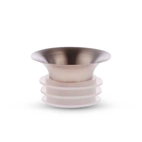 The Mayu Water Swirl Stainless Steel Pouring Spout, featuring a metal funnel shape with a flared top and ribbed white base, is shown against a plain white background for a premium, contaminant-free experience.
