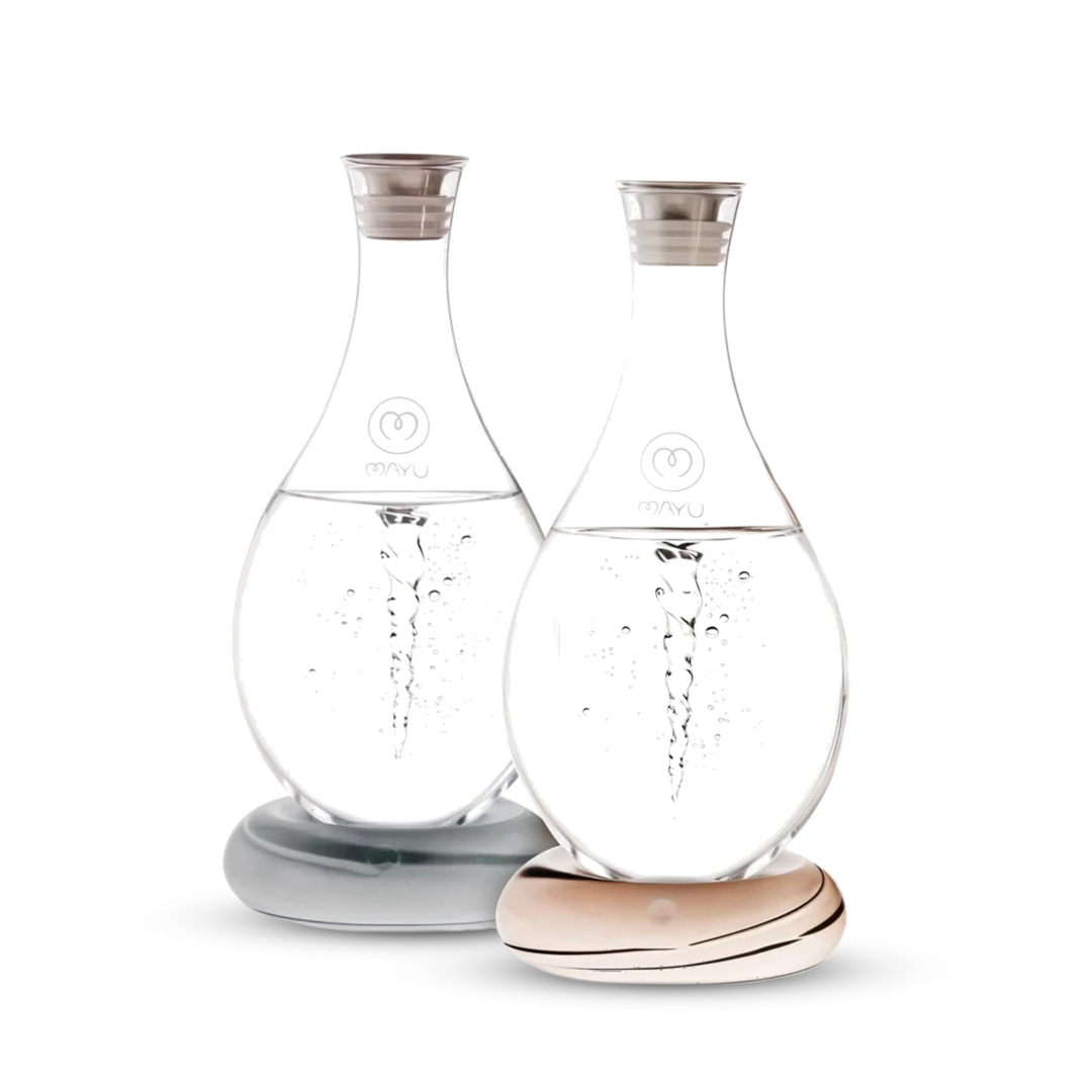 The Mayu Water Swirl Structured Water Carafe - Pack of 2 features handblown borosilicate glass carafes with grey and white bases, narrow necks, silver lids, and are shown side by side against a white background.