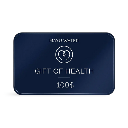 A dark blue rectangular Mayu Water Gift Card with rounded corners features a circular logo, “MAYU WATER” at the top, and “GIFT OF HEALTH $100” at the bottom—a perfect gift for sustainable hydration.