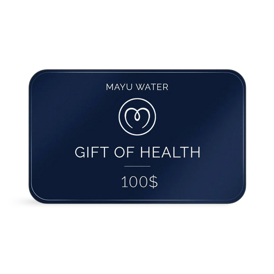 A dark blue rectangular Mayu Water Gift Card with rounded corners features a circular logo, “MAYU WATER” at the top, and “GIFT OF HEALTH $100” at the bottom—a perfect gift for sustainable hydration.