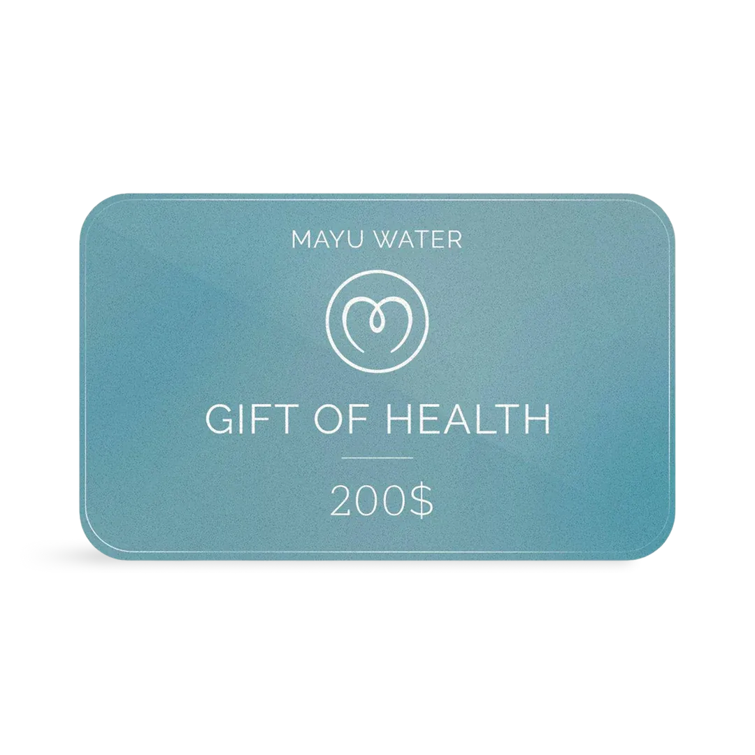 A blue Mayu Water Gift Card with rounded corners features "Mayu Water," a circular logo, "Gift of Health," and $200 in white—an ideal sustainable hydration wellness gift on a plain background.