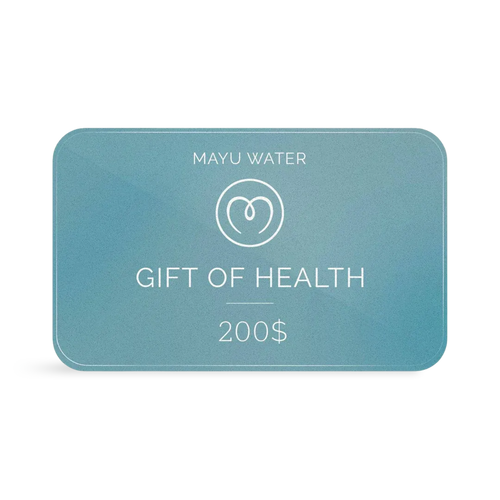 A blue Mayu Water Gift Card with rounded corners features "Mayu Water," a circular logo, "Gift of Health," and $200 in white—an ideal sustainable hydration wellness gift on a plain background.