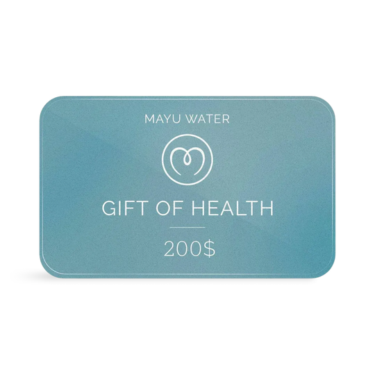 A blue Mayu Water Gift Card with rounded corners features "Mayu Water," a circular logo, "Gift of Health," and $200 in white—an ideal sustainable hydration wellness gift on a plain background.
