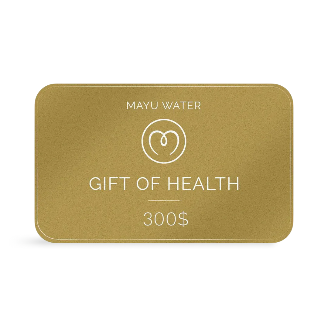 The Mayu Water Gift Card features the brand’s circular logo and "Gift of Health 300$" in white on a plain gold background—a perfect wellness gift for sustainable hydration.