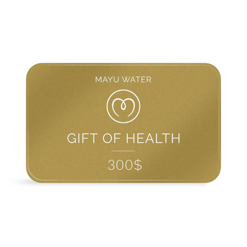 The Mayu Water Gift Card features the brand’s circular logo and "Gift of Health 300$" in white on a plain gold background—a perfect wellness gift for sustainable hydration.