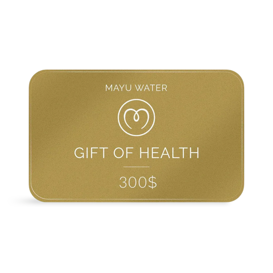 The Mayu Water Gift Card features the brand’s circular logo and "Gift of Health 300$" in white on a plain gold background—a perfect wellness gift for sustainable hydration.