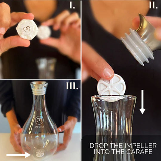 To install the round white Mayu Water Swirl Replacement Impeller: 1. Hold the impeller, 2. Remove the carafe lid, 3. Drop the impeller into the clear Swirl Structured Water Carafe. Text: “DROP THE IMPELLER INTO THE CARAFE.”.