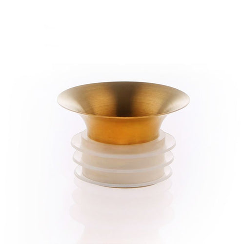 The Mayu Water Swirl Golden Pouring Spout features a small, gold-toned design with a flared top, resting on three stacked frosted white rings, all set against a plain white background.