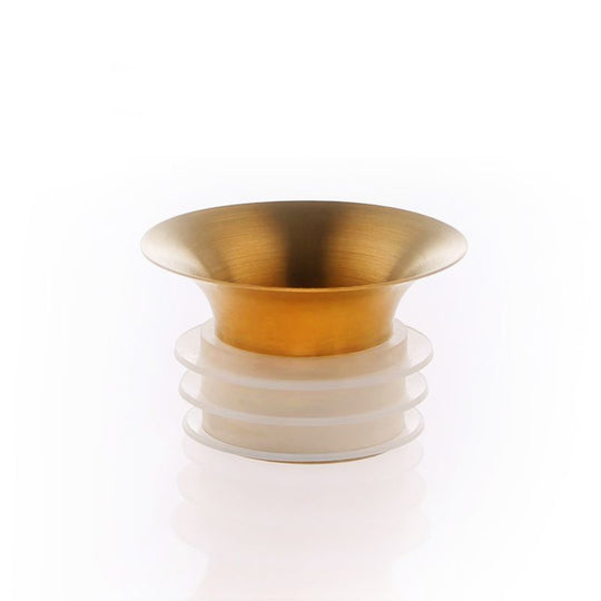 The Mayu Water Swirl Golden Pouring Spout features a small, gold-toned design with a flared top, resting on three stacked frosted white rings, all set against a plain white background.