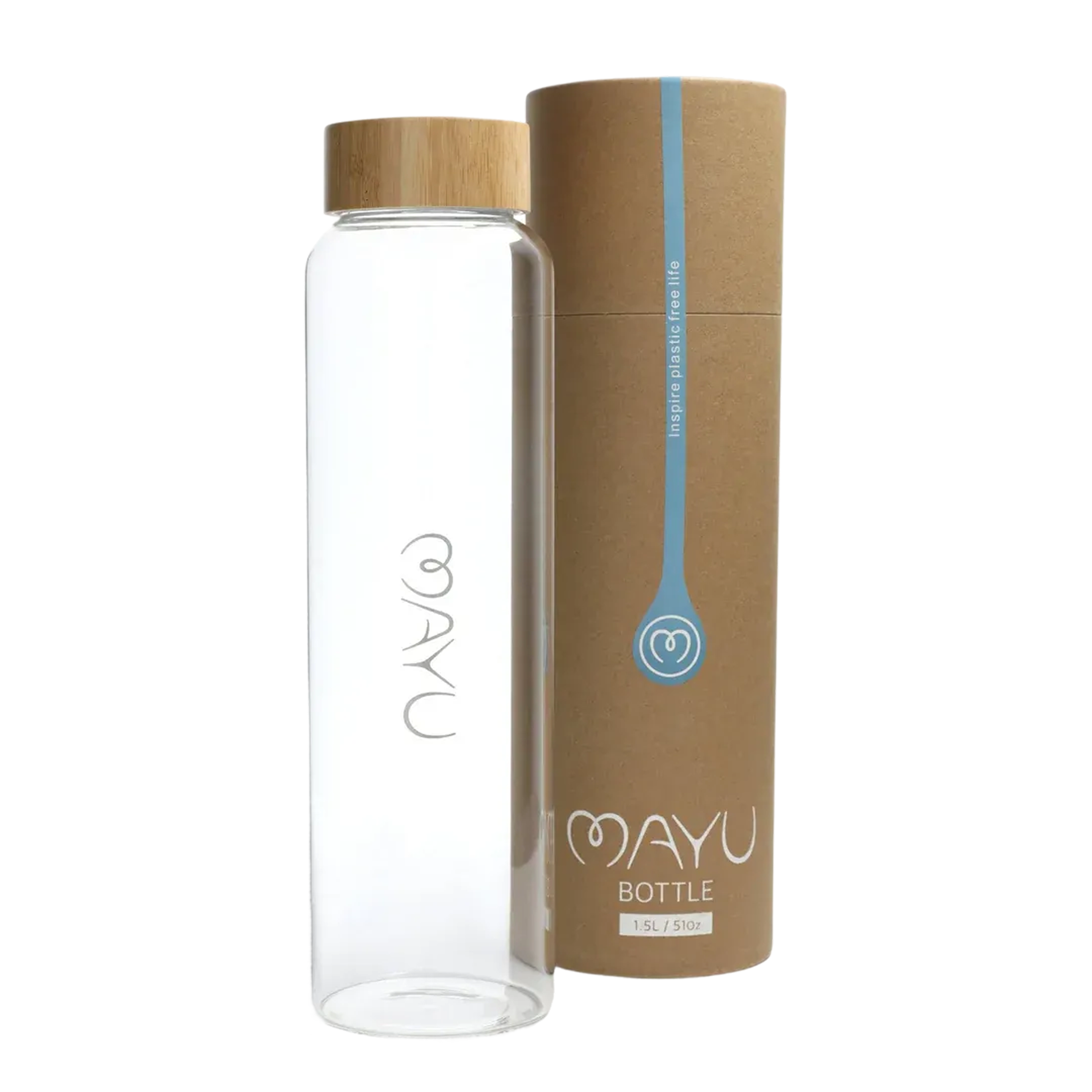 Three Pure Glass Bottles by Mayu Water with light wooden lids: two stand upright and one lies sideways, its BPA-free lid removed to display a circular wood top engraved with intricate markings.