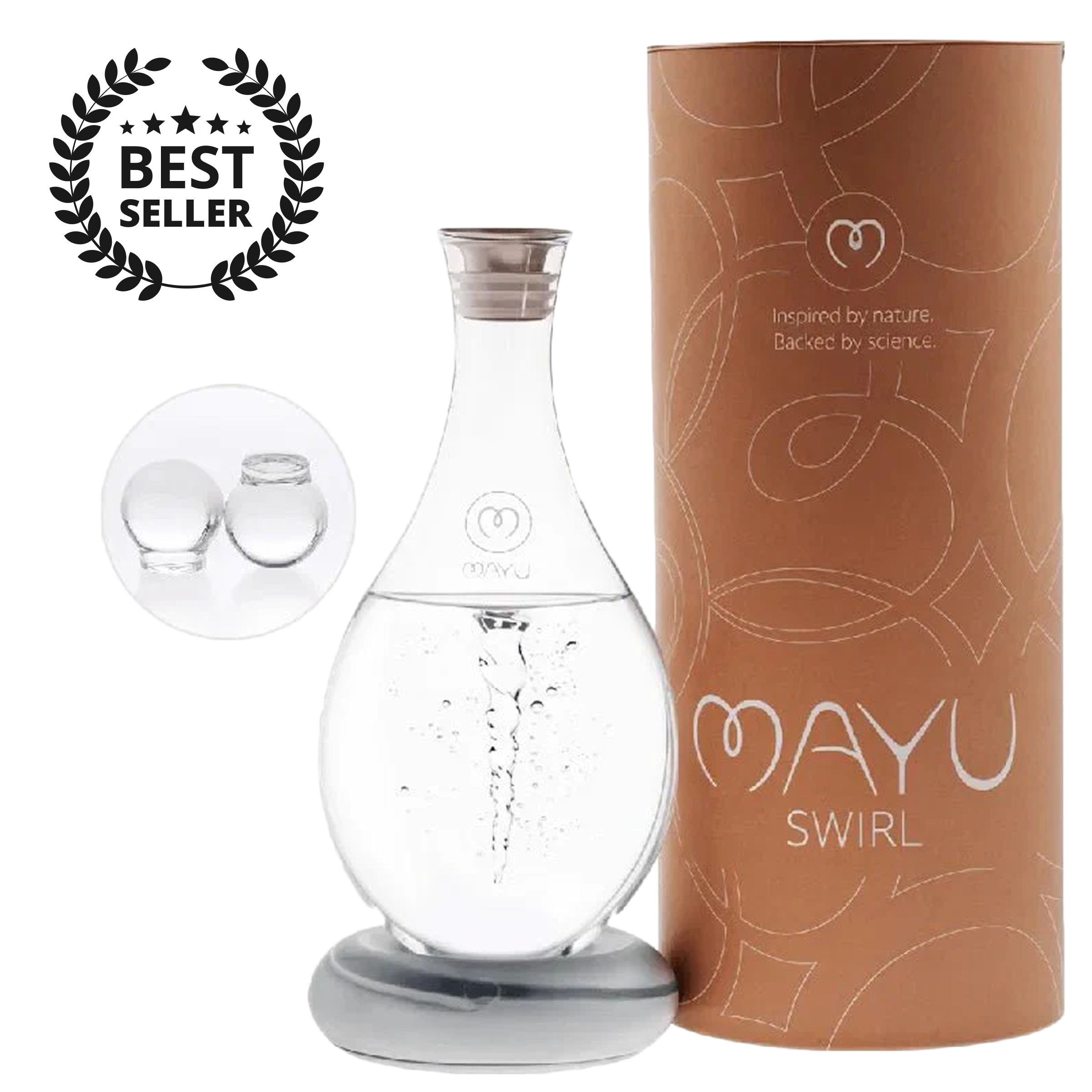 The MAYU Swirl Carafe by Mayu Water, a handblown borosilicate glass carafe on a silver base, sits beside a brown cylinder labeled “MAYU SWIRL.” A “Best Seller” badge and two glass balls highlight this hydration solution.