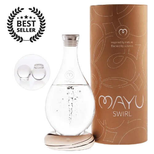 The MAYU Swirl Carafe by Mayu Water, shown beside its cylindrical brown packaging and two glass spheres, features a swirling vortex to enhance drinking water quality. It’s displayed with a “Best Seller” badge.