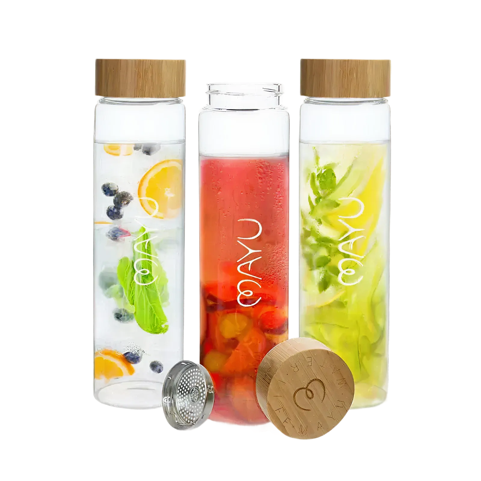 Mayu Water’s Pure Glass 1.5L Bottle - Pack of 3 displays fruit-infused water with citrus, berries, mint, and tomatoes. Made from borosilicate glass with bamboo lids and strainers, these bottles are stylish and sustainable.