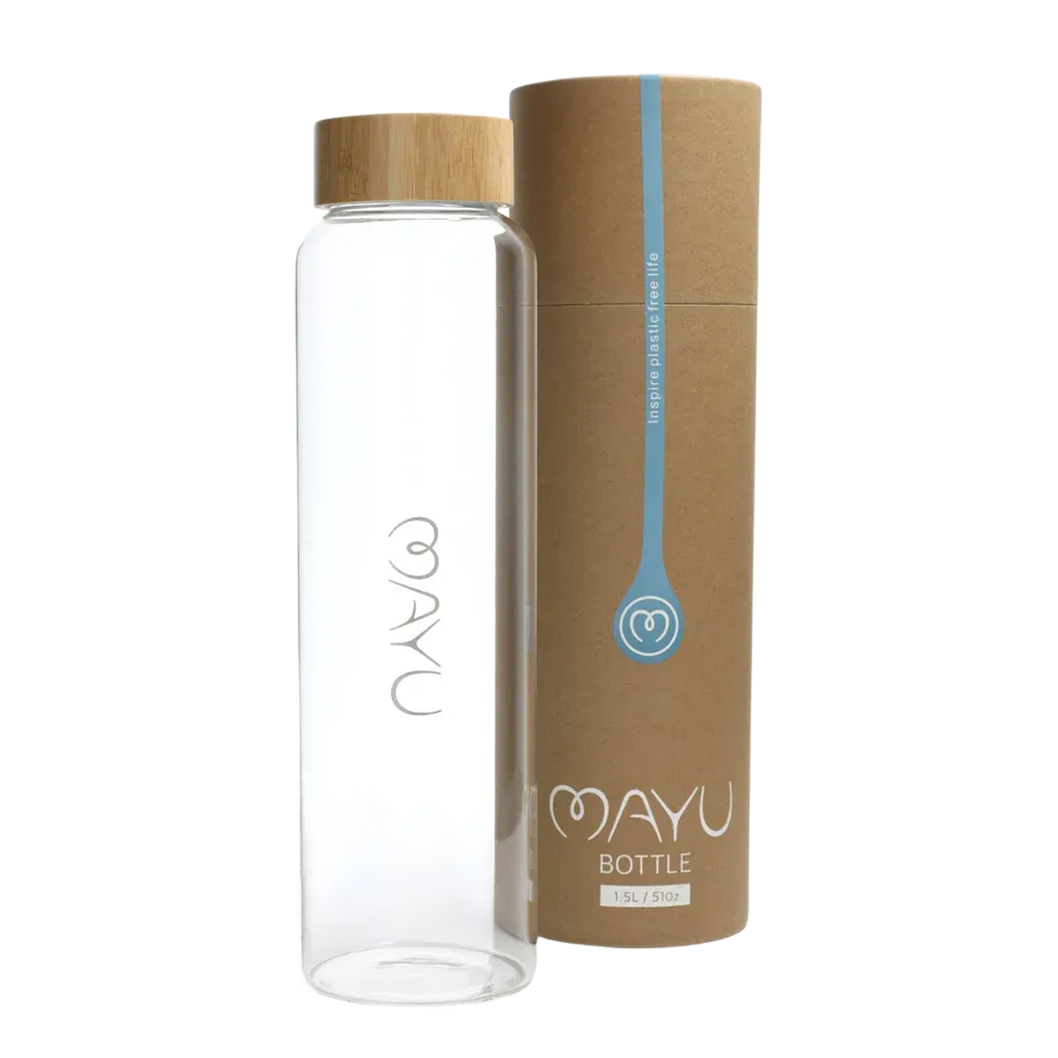 A BPA-free Pure Glass Bottle by Mayu Water with a bamboo lid stands beside its cylindrical brown cardboard packaging. Both the bottle and box display minimalist white text and eco-friendly design elements. size: 1.5 Liter / 51 Oz.