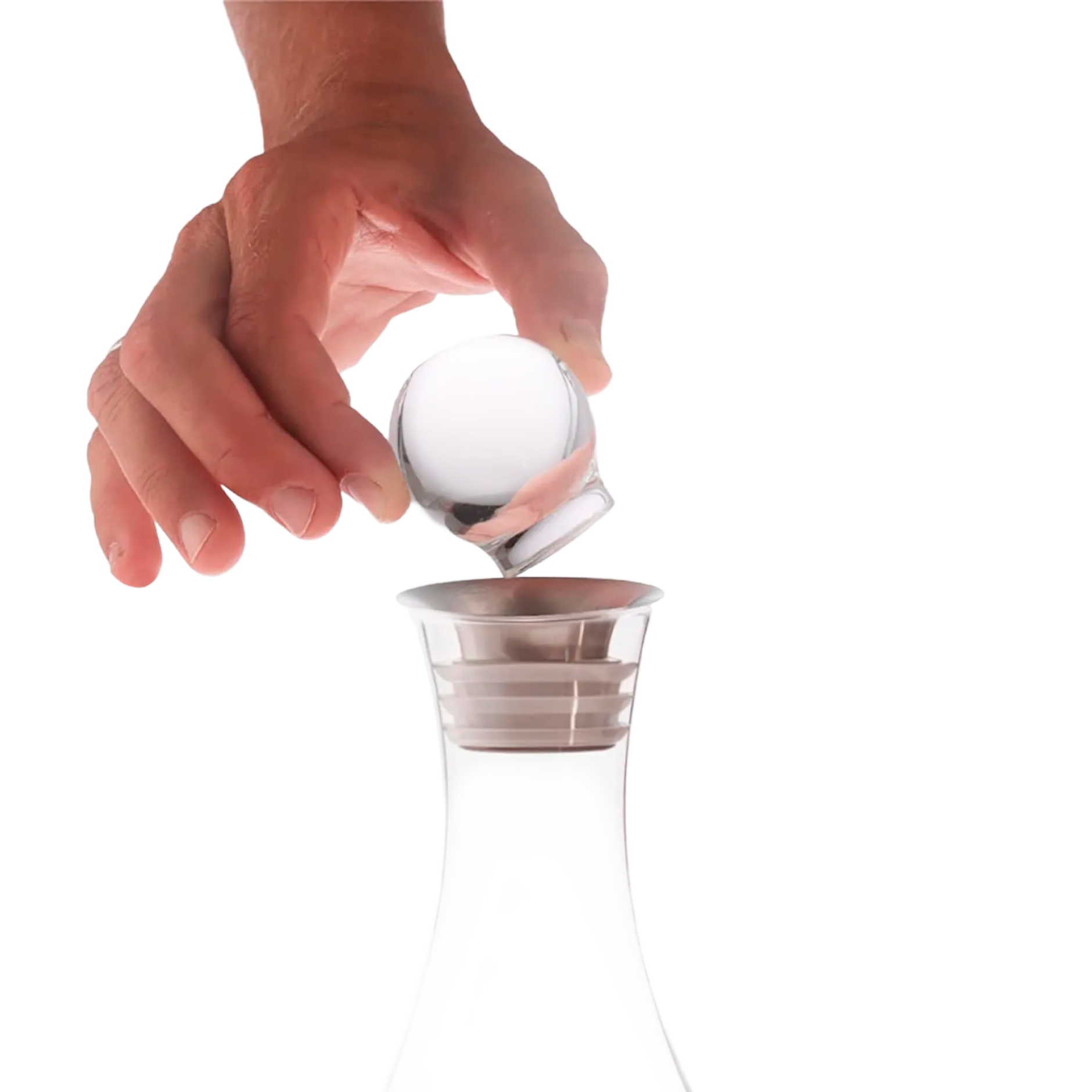 A hand lifts the Mayu Water Swirl Glass Topper from a clear decanter, echoing the elegance of the Swirl Structured Water Carafe, all set against a plain white background.