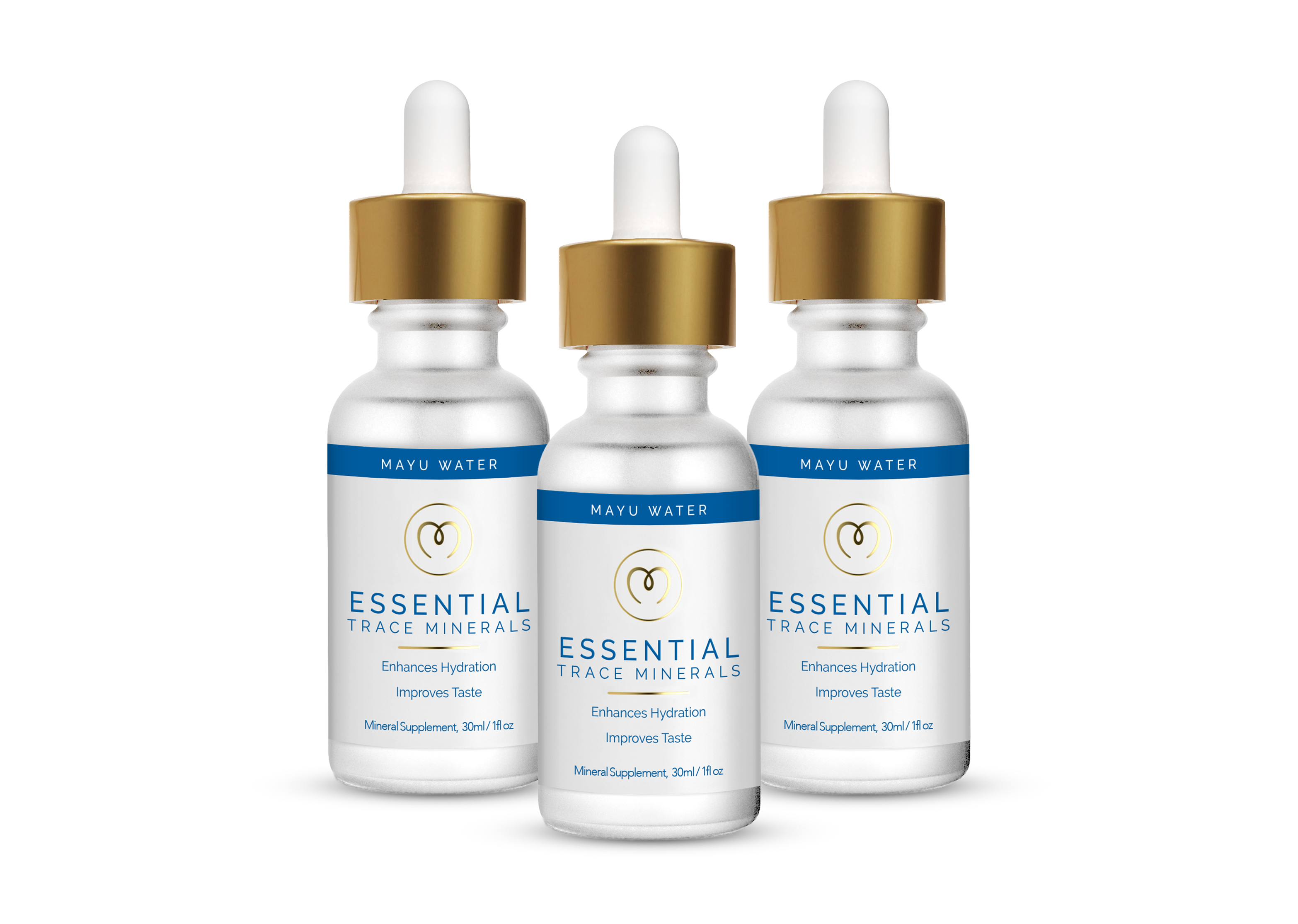 Three bottles of Mayu Water Electrolyte Drops with gold dropper caps, white labels, and blue accents are shown against a white background. The text highlights benefits: Enhances natural hydration and improves taste.