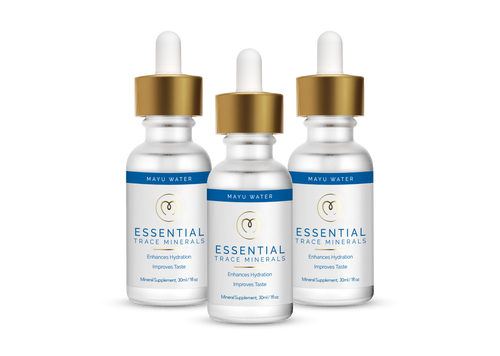 Three bottles of Mayu Water Electrolyte Drops with gold dropper caps, white labels, and blue accents are shown against a white background. The text highlights benefits: Enhances natural hydration and improves taste.