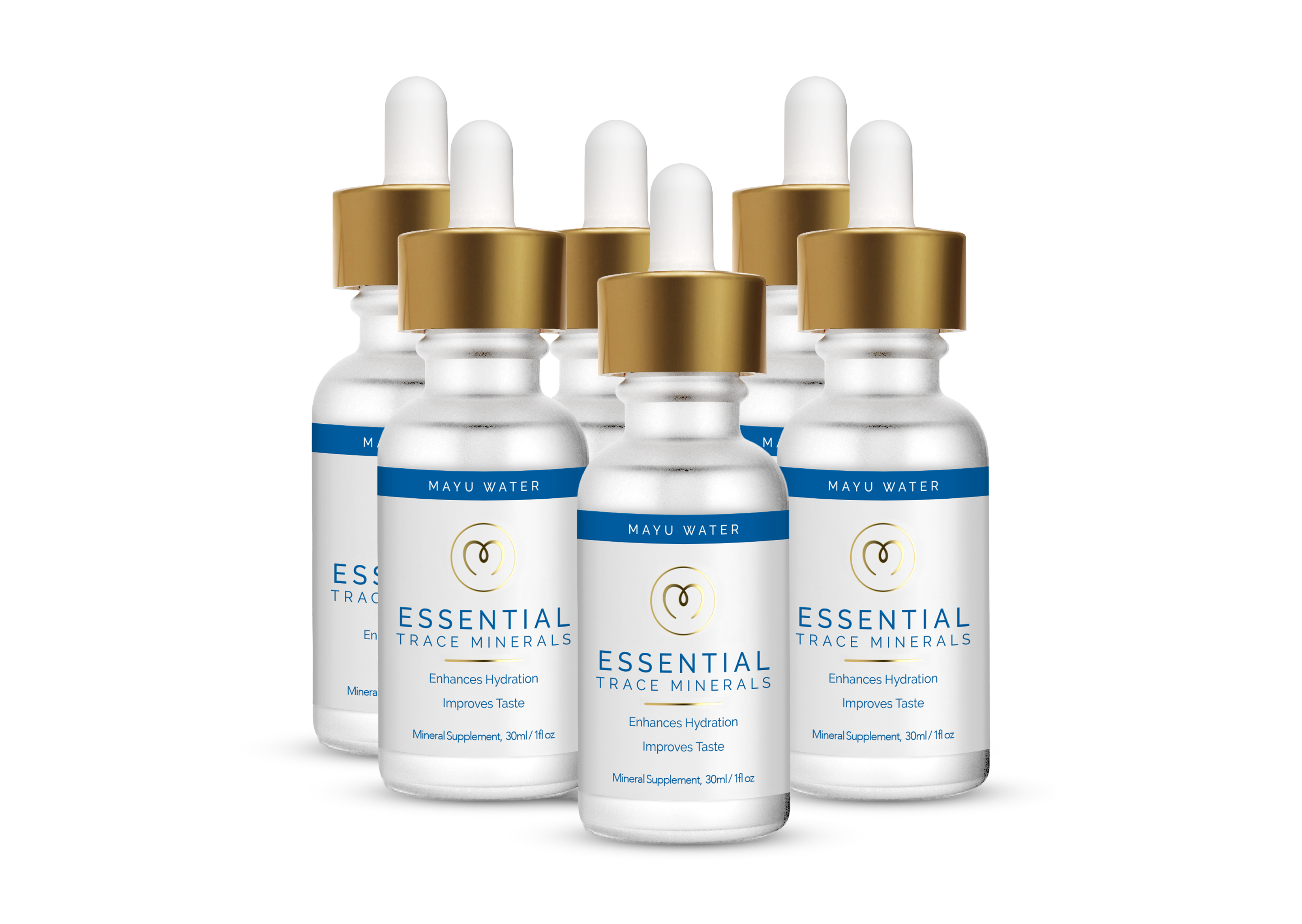 Six bottles of Mayu Water Electrolyte Drops with gold dropper caps, white labels, and blue accents arranged on a white background—perfect for natural hydration and rapid electrolyte replenishment.