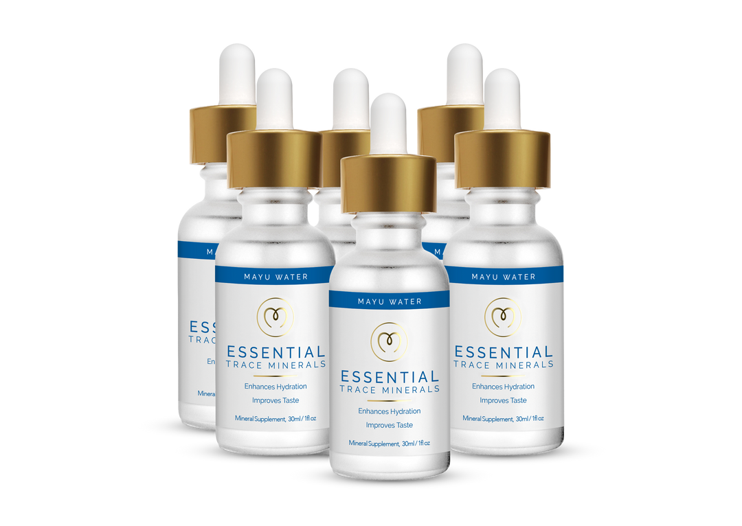 Six bottles of Mayu Water Electrolyte Drops with gold dropper caps, white labels, and blue accents arranged on a white background—perfect for natural hydration and rapid electrolyte replenishment.