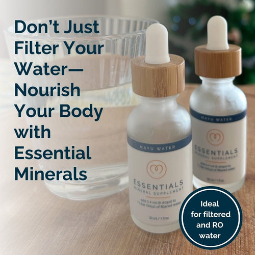 A bottle of Mayu Water Essential Minerals - Single with a dropper is next to a glass of water, highlighting how this product adds vital minerals to filtered or RO water for improved nutrient absorption.