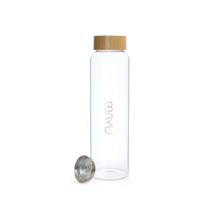 The Mayu Water Pure Glass Bottle is a BPA-free, eco-friendly glass bottle with a bamboo lid and removable metal infuser, featuring a simple vertical logo, standing upright on a white background.