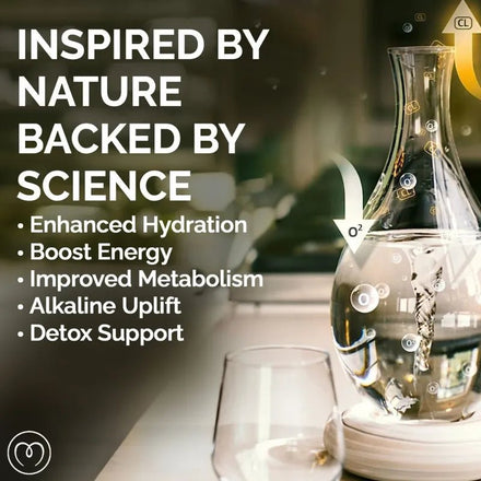 The Mayu Water Swirl Structured Water Carafe, made of handblown borosilicate glass, sits on a table with an empty glass. Overlay text: Inspired by nature, backed by science—enhance hydration and detox with quality drinking water.