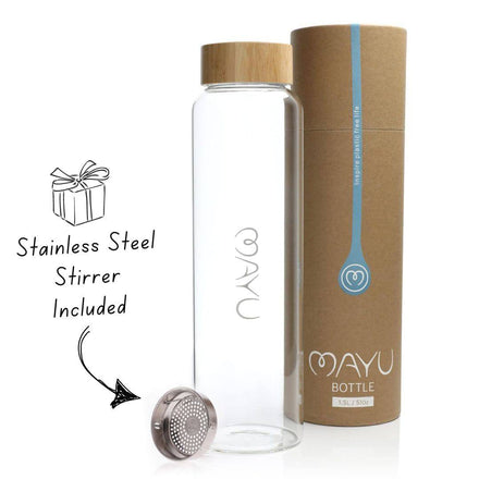 The Mayu Water Pure Glass 1L Bottle - Pack of 3 is displayed with its bamboo lids and cylindrical packaging. A stainless steel stirrer, shown in front, is included as highlighted by a handwritten note and arrow.