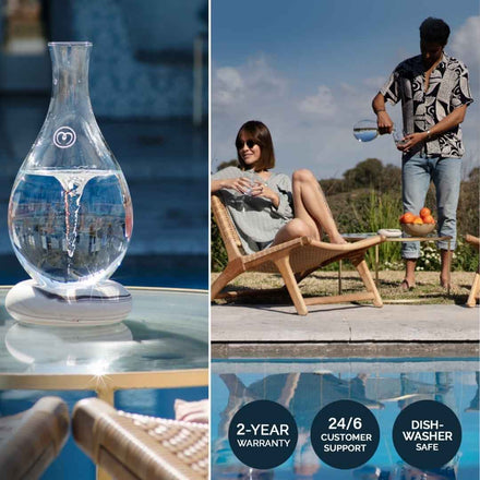 A Mayu Water Triple Swirl Bundle made from handblown borosilicate glass sits by the pool, filled with pH-balanced water. A woman lounges nearby as a man pours a glass; oranges and warranty, support, and dishwasher-safe icons complete the scene.
