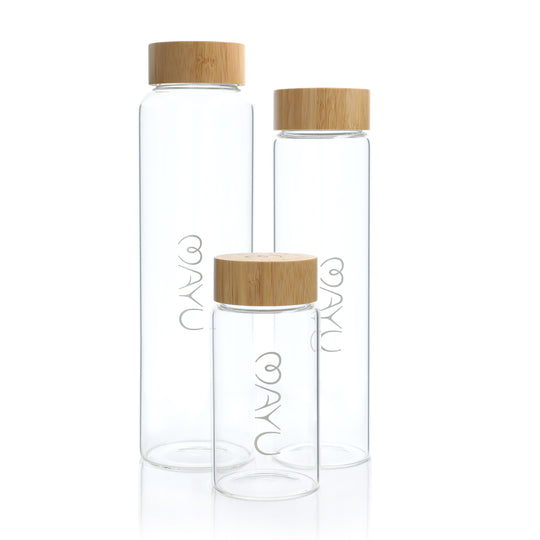 MAYU Mini - 0.5L / 17oz. Glass Bottle with a Bamboo Finish Stainless Steel Cap