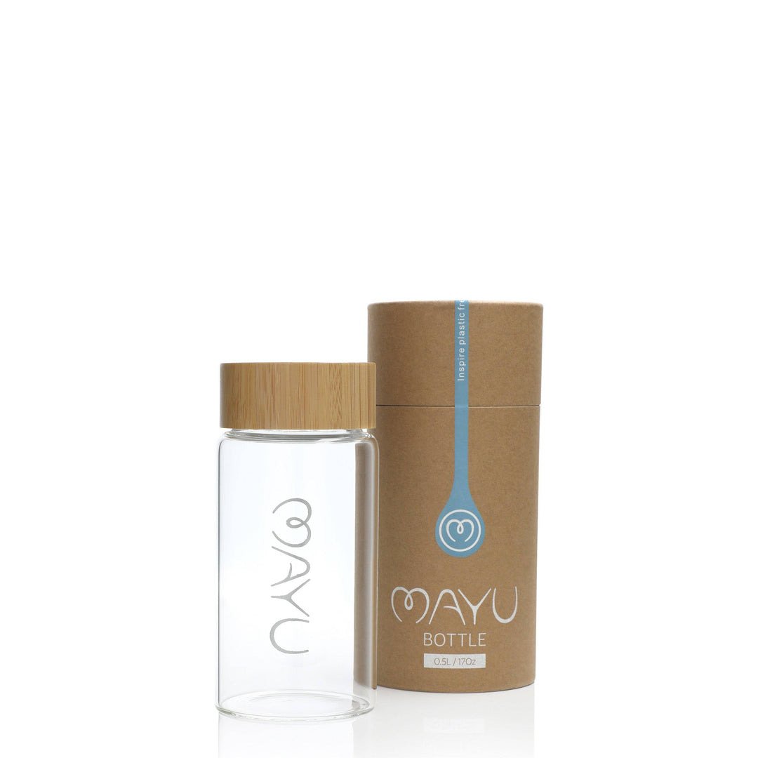 MAYU Mini - 0.5L / 17oz. Glass Bottle with a Bamboo Finish Stainless Steel Cap - Mayu Water