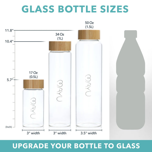 MAYU Mini - 0.5L / 17oz. Glass Bottle with a Bamboo Finish Stainless Steel Cap - Mayu Water