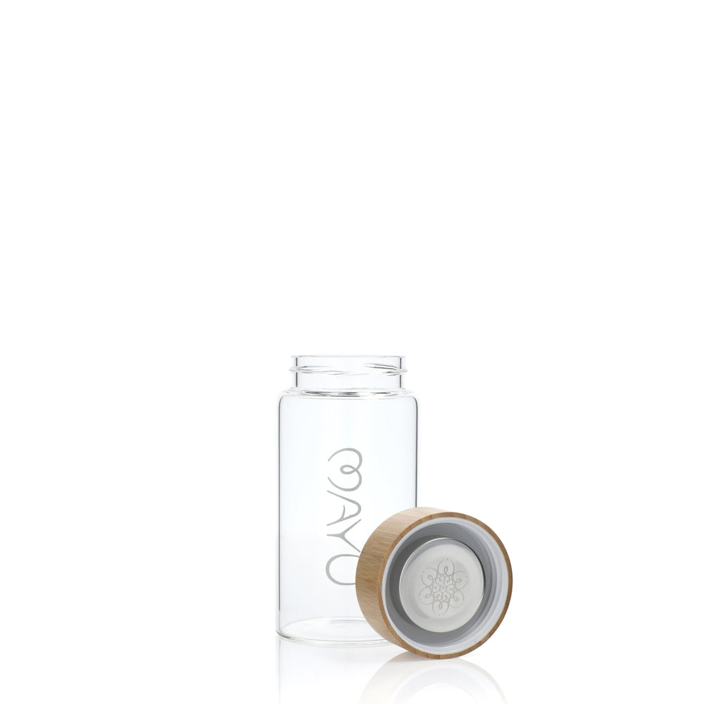 MAYU Mini - 0.5L / 17oz. Glass Bottle with a Bamboo Finish Stainless Steel Cap - Mayu Water