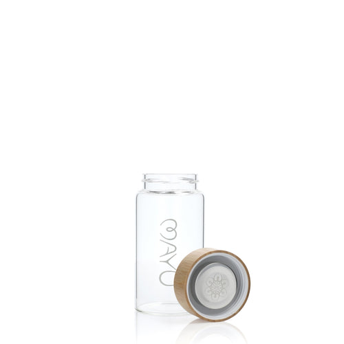 MAYU Mini - 0.5L / 17oz. Glass Bottle with a Bamboo Finish Stainless Steel Cap - Mayu Water