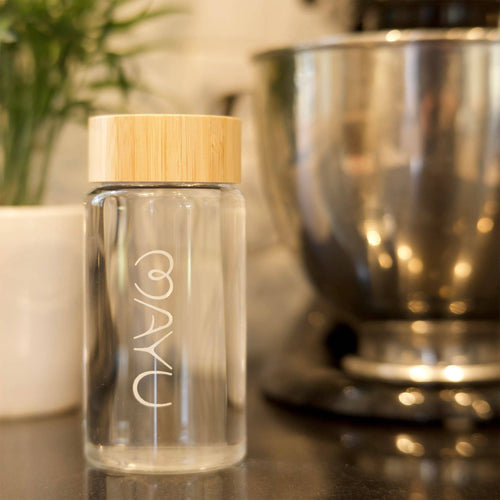 MAYU Mini - 0.5L / 17oz. Glass Bottle with a Bamboo Finish Stainless Steel Cap - Mayu Water