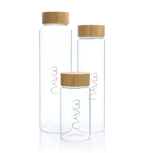 MAYU Mini - 0.5L / 17oz. Glass Bottle with a Bamboo Finish Stainless Steel Cap - Mayu Water